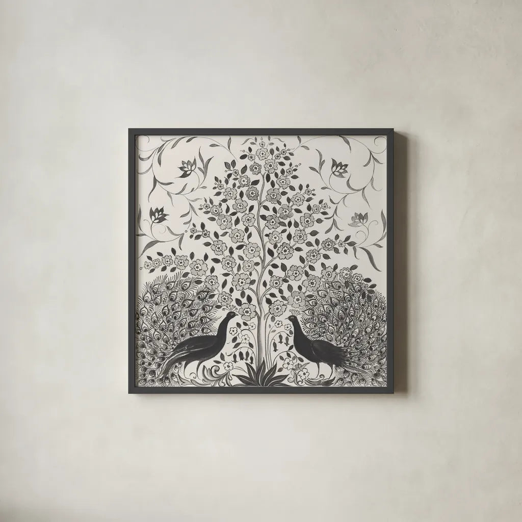 Peacock Garden VIII BW by Miranda Thomas. Shown in a sleek black glass frame for a contemporary gallery look. Available as an archival giclee rolled canvas, fine art paper, or poster print. SKU 73120a.