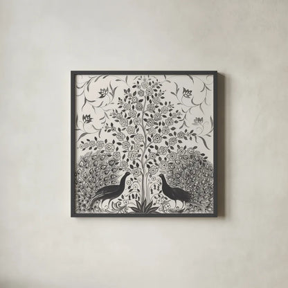 Peacock Garden VIII BW by Miranda Thomas. Shown in a sleek black glass frame for a contemporary gallery look. Available as an archival giclee rolled canvas, fine art paper, or poster print. SKU 73120a.