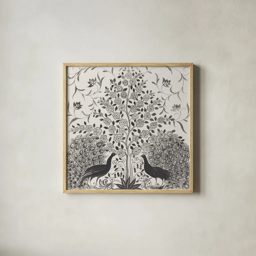 Peacock Garden VIII BW by Miranda Thomas. Shown in a natural wood glass frame for a timeless modern aesthetic. Available as an archival giclee rolled canvas, fine art paper, or poster print. SKU 73120a.