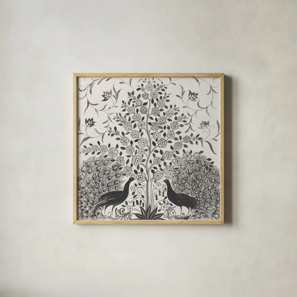 Peacock Garden VIII BW by Miranda Thomas. Shown in a natural wood glass frame for a timeless modern aesthetic. Available as an archival giclee rolled canvas, fine art paper, or poster print. SKU 73120a.