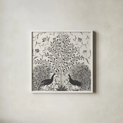 Peacock Garden VIII BW by Miranda Thomas. Shown in a crisp white glass frame for a clean and minimalist style. Available as an archival giclee rolled canvas, fine art paper, or poster print. SKU 73120a.