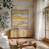 Riverside I by Miranda Thomas. Shown in a natural wood frame in a cozy modern living room. Available as an archival giclee rolled canvas, fine art paper, or poster print. SKU 53731a.