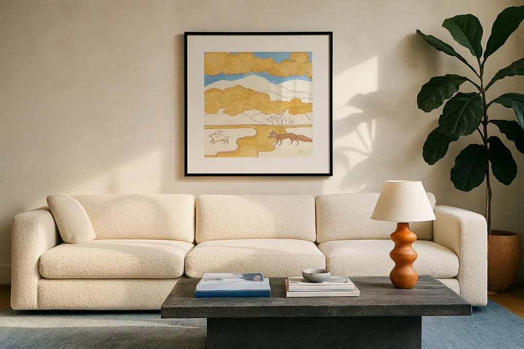 Riverside I by Miranda Thomas. Displayed in a glass frame with matte in a clean modern living room. Available as an archival giclee rolled canvas, fine art paper, or poster print. SKU 53731a.