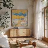 Riverside IV by Miranda Thomas. Shown in a natural wood frame in a cozy modern living room. Available as an archival giclee rolled canvas, fine art paper, or poster print. SKU 53734a.