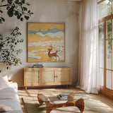 Riverside V by Miranda Thomas. Shown in a natural wood frame in a cozy modern living room. Available as an archival giclee rolled canvas, fine art paper, or poster print. SKU 53735a.