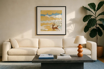 Riverside V by Miranda Thomas. Displayed in a glass frame with matte in a clean modern living room. Available as an archival giclee rolled canvas, fine art paper, or poster print. SKU 53735a.