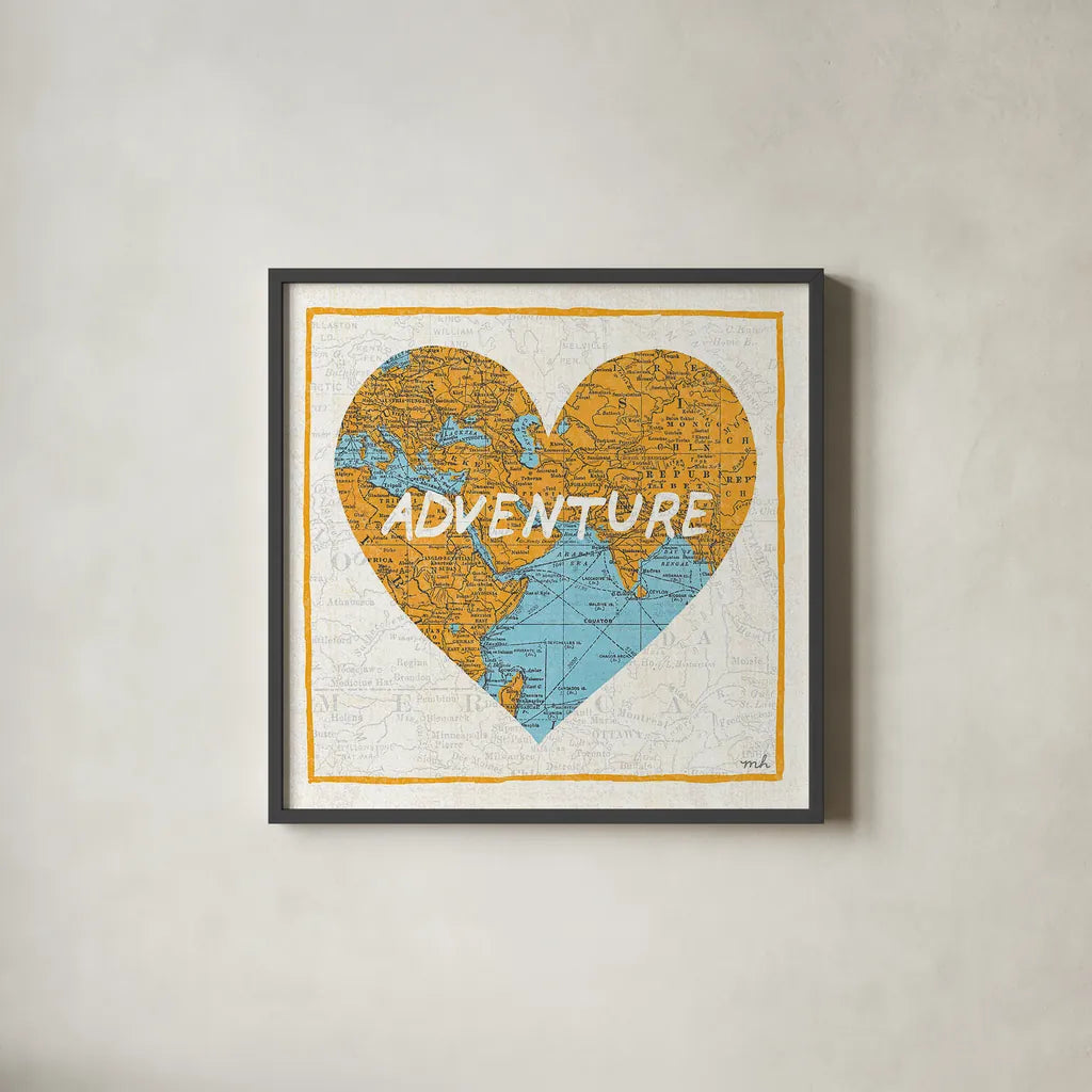 Adventure Map by Moira Hershey. Shown in a sleek black glass frame for a contemporary gallery look. Available as an archival giclee rolled canvas, fine art paper, or poster print. SKU 13617a.