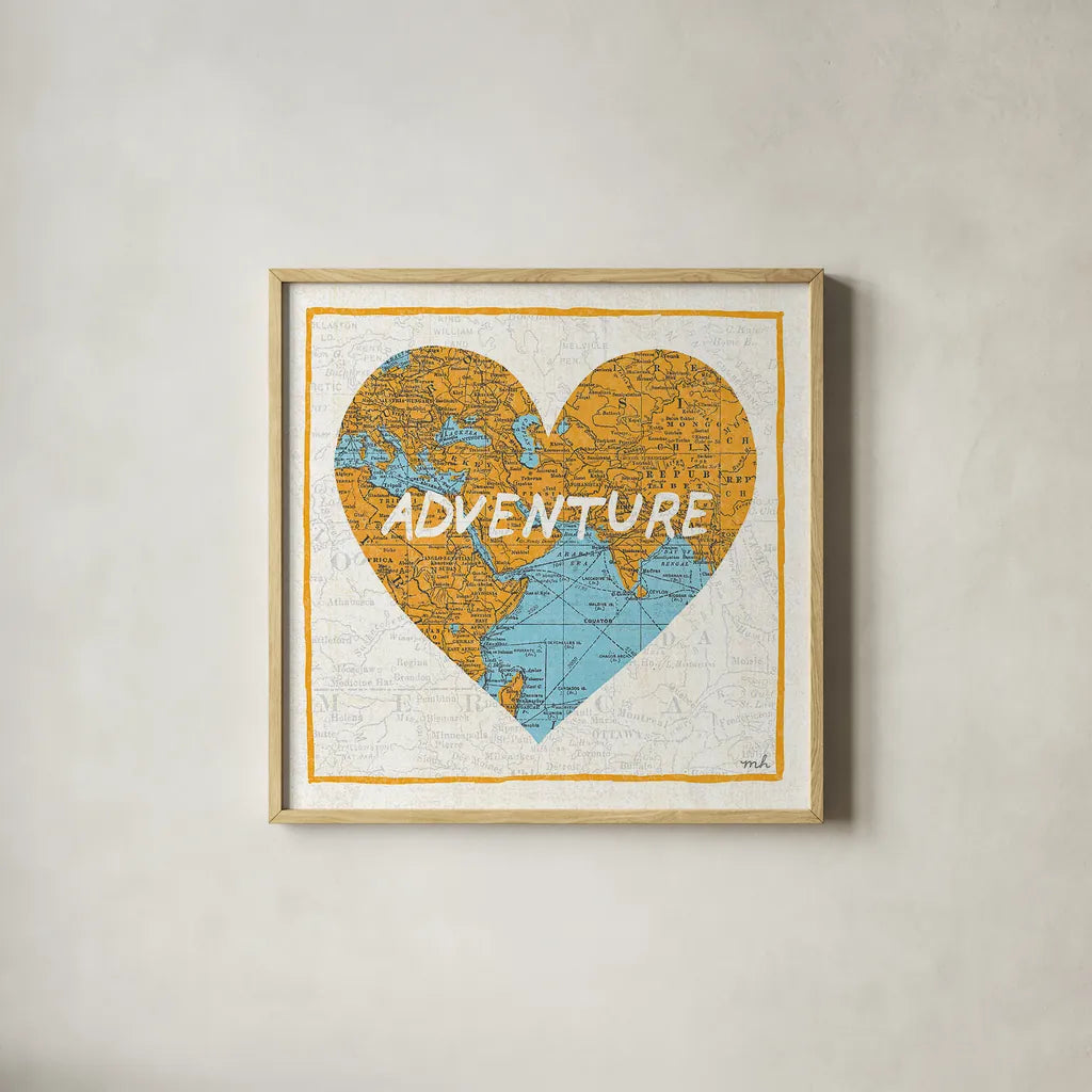 Adventure Map by Moira Hershey. Shown in a natural wood glass frame for a timeless modern aesthetic. Available as an archival giclee rolled canvas, fine art paper, or poster print. SKU 13617a.