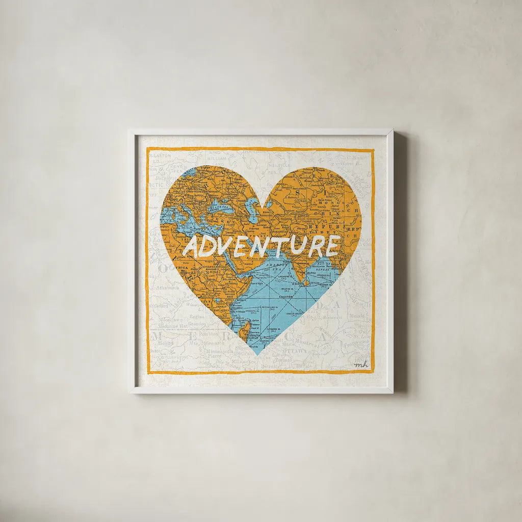 Adventure Map by Moira Hershey. Shown in a crisp white glass frame for a clean and minimalist style. Available as an archival giclee rolled canvas, fine art paper, or poster print. SKU 13617a.