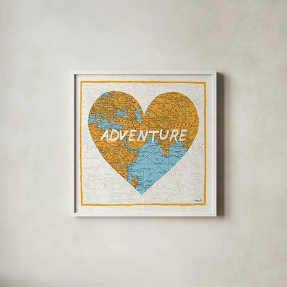 Adventure Map by Moira Hershey. Shown in a crisp white glass frame for a clean and minimalist style. Available as an archival giclee rolled canvas, fine art paper, or poster print. SKU 13617a.