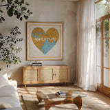 Adventure Map by Moira Hershey. Shown in a natural wood frame in a cozy modern living room. Available as an archival giclee rolled canvas, fine art paper, or poster print. SKU 13617a.