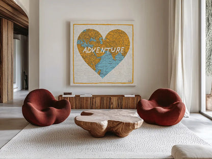 Adventure Map by Moira Hershey. Shown as extra-large giant wall art in a modern living room. Available as an archival giclee rolled canvas, fine art paper, or poster print. SKU 13617a.