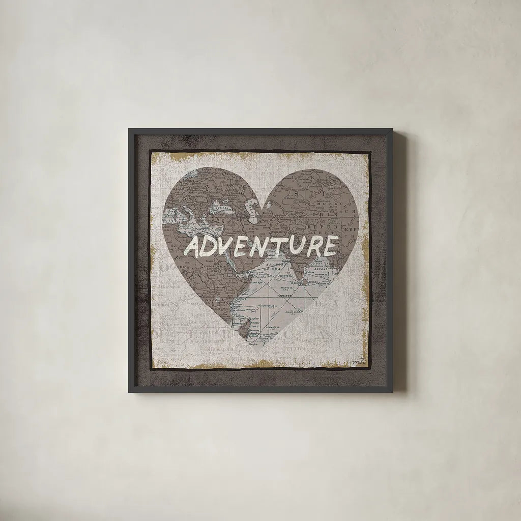 Adventure Map v2 by Moira Hershey. Shown in a sleek black glass frame for a contemporary gallery look. Available as an archival giclee rolled canvas, fine art paper, or poster print. SKU 38380a.