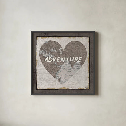Adventure Map v2 by Moira Hershey. Shown in a sleek black glass frame for a contemporary gallery look. Available as an archival giclee rolled canvas, fine art paper, or poster print. SKU 38380a.