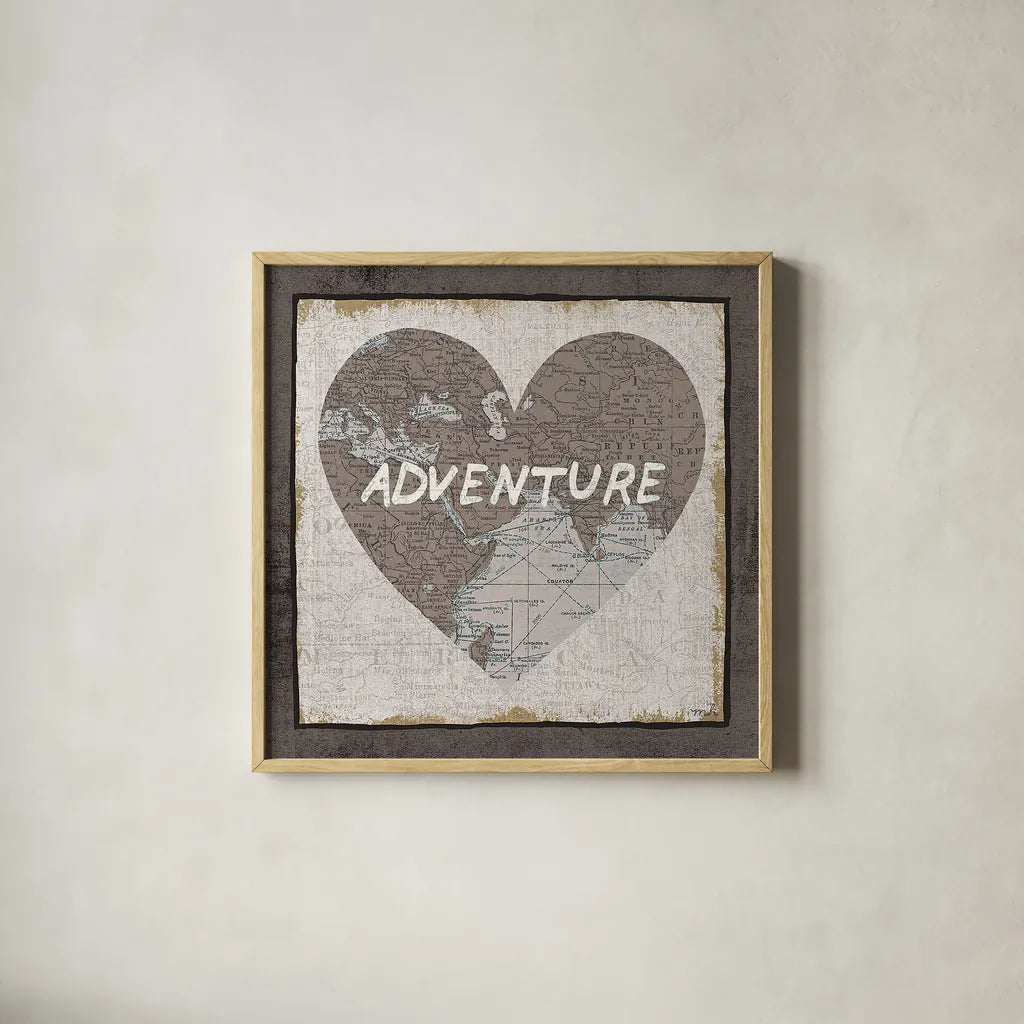 Adventure Map v2 by Moira Hershey. Shown in a natural wood glass frame for a timeless modern aesthetic. Available as an archival giclee rolled canvas, fine art paper, or poster print. SKU 38380a.