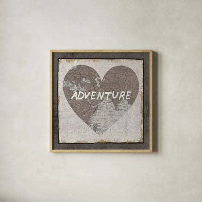 Adventure Map v2 by Moira Hershey. Shown in a natural wood glass frame for a timeless modern aesthetic. Available as an archival giclee rolled canvas, fine art paper, or poster print. SKU 38380a.