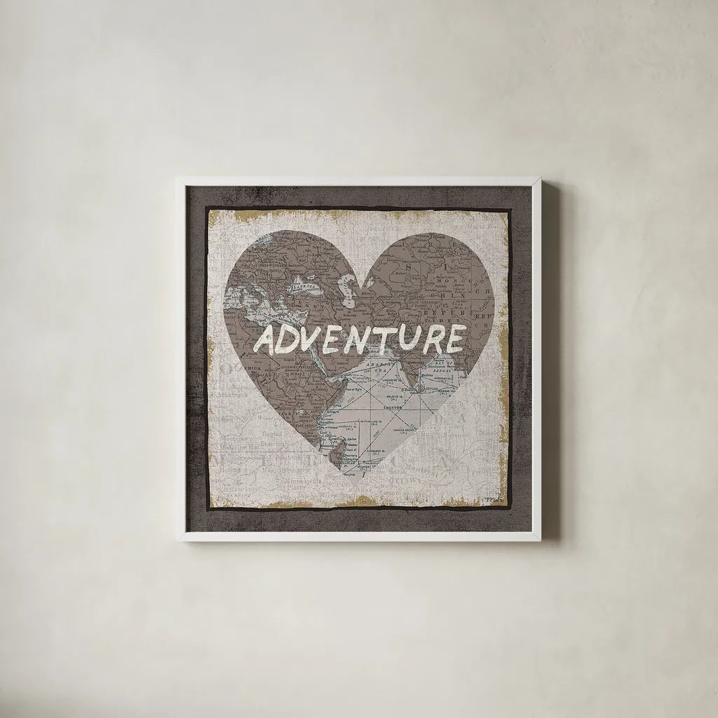 Adventure Map v2 by Moira Hershey. Shown in a crisp white glass frame for a clean and minimalist style. Available as an archival giclee rolled canvas, fine art paper, or poster print. SKU 38380a.
