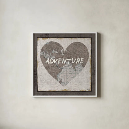 Adventure Map v2 by Moira Hershey. Shown in a crisp white glass frame for a clean and minimalist style. Available as an archival giclee rolled canvas, fine art paper, or poster print. SKU 38380a.