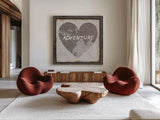Adventure Map v2 by Moira Hershey. Shown as extra-large giant wall art in a modern living room. Available as an archival giclee rolled canvas, fine art paper, or poster print. SKU 38380a.