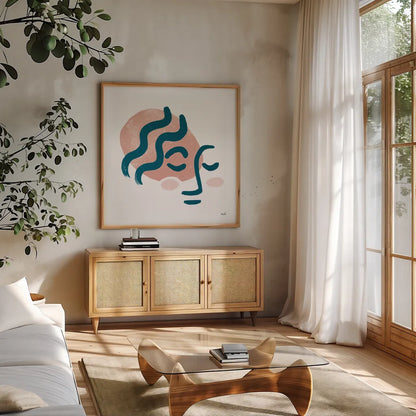 Awaken I by Moira Hershey. Shown in a natural wood frame in a cozy modern living room. Available as an archival giclee rolled canvas, fine art paper, or poster print. SKU 54620a.