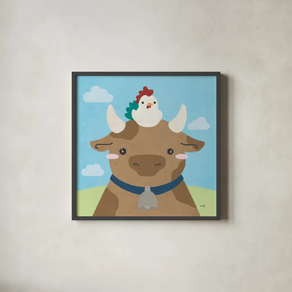 Barn Buddies I by Moira Hershey. Shown in a sleek black glass frame for a contemporary gallery look. Available as an archival giclee rolled canvas, fine art paper, or poster print. SKU 49593a.