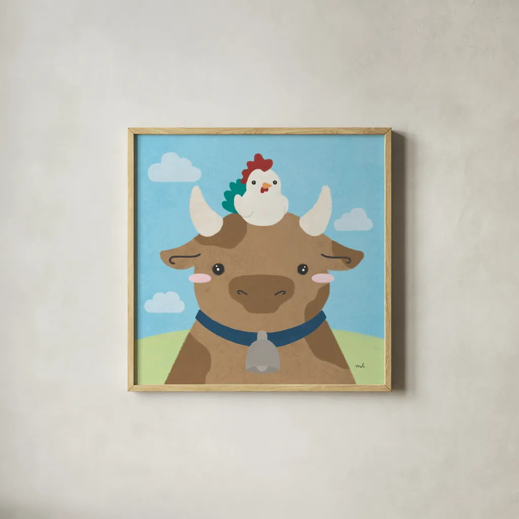 Barn Buddies I by Moira Hershey. Shown in a natural wood glass frame for a timeless modern aesthetic. Available as an archival giclee rolled canvas, fine art paper, or poster print. SKU 49593a.