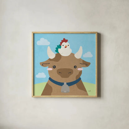 Barn Buddies I by Moira Hershey. Shown in a natural wood glass frame for a timeless modern aesthetic. Available as an archival giclee rolled canvas, fine art paper, or poster print. SKU 49593a.