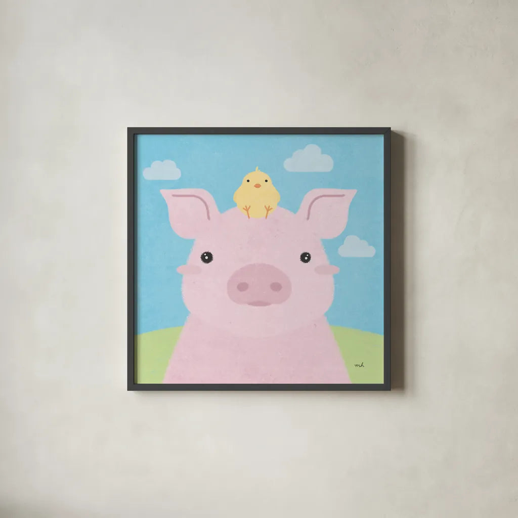 Barn Buddies II by Moira Hershey. Shown in a sleek black glass frame for a contemporary gallery look. Available as an archival giclee rolled canvas, fine art paper, or poster print. SKU 49594a.