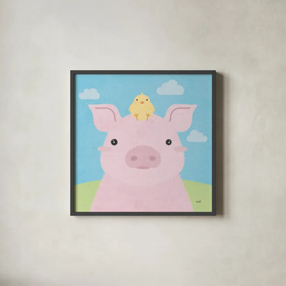 Barn Buddies II by Moira Hershey. Shown in a sleek black glass frame for a contemporary gallery look. Available as an archival giclee rolled canvas, fine art paper, or poster print. SKU 49594a.