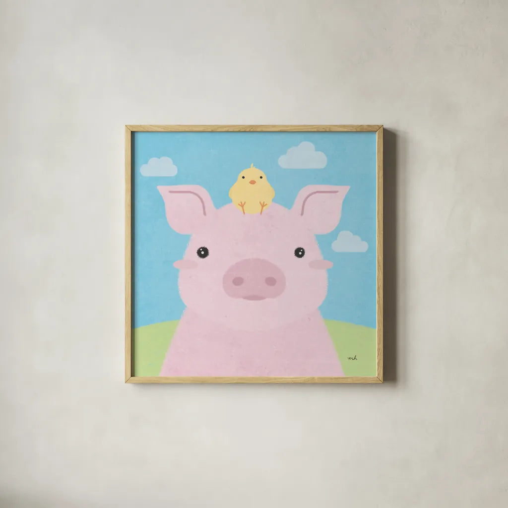 Barn Buddies II by Moira Hershey. Shown in a natural wood glass frame for a timeless modern aesthetic. Available as an archival giclee rolled canvas, fine art paper, or poster print. SKU 49594a.