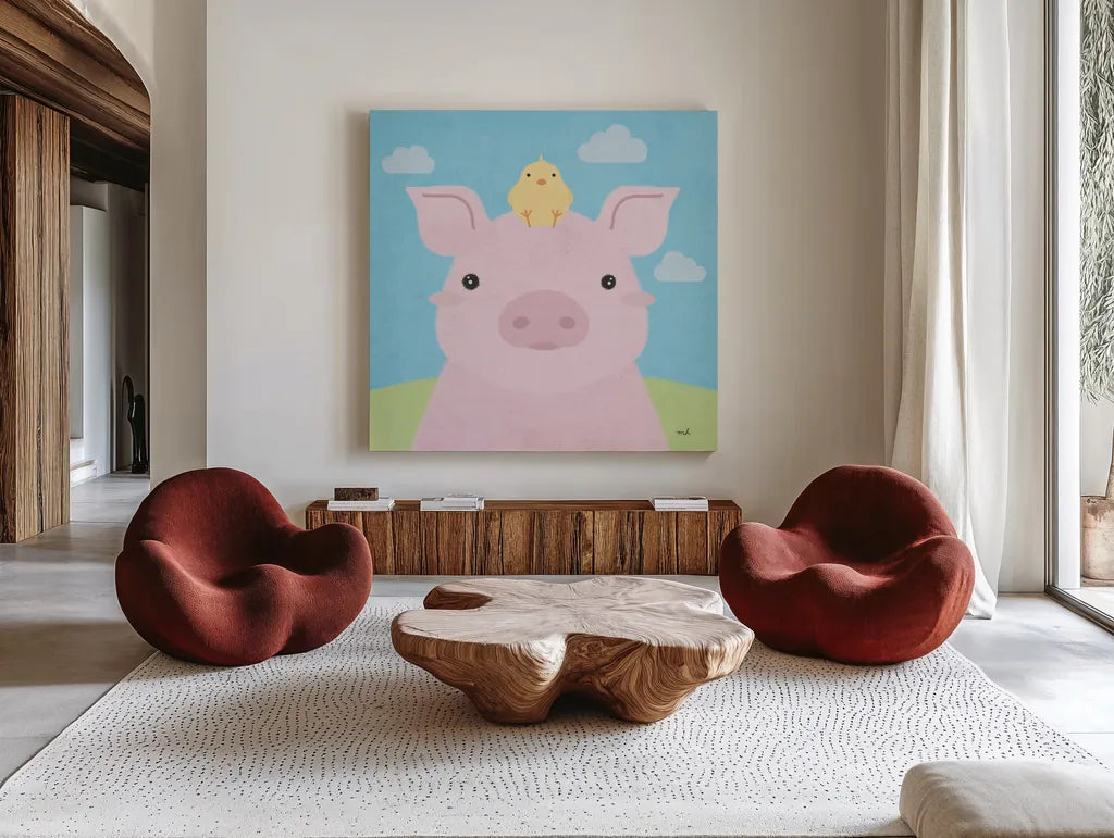 Barn Buddies II by Moira Hershey. Shown as extra-large giant wall art in a modern living room. Available as an archival giclee rolled canvas, fine art paper, or poster print. SKU 49594a.