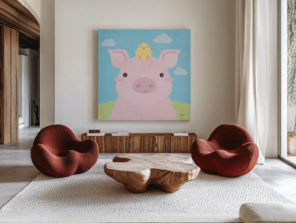 Barn Buddies II by Moira Hershey. Shown as extra-large giant wall art in a modern living room. Available as an archival giclee rolled canvas, fine art paper, or poster print. SKU 49594a.
