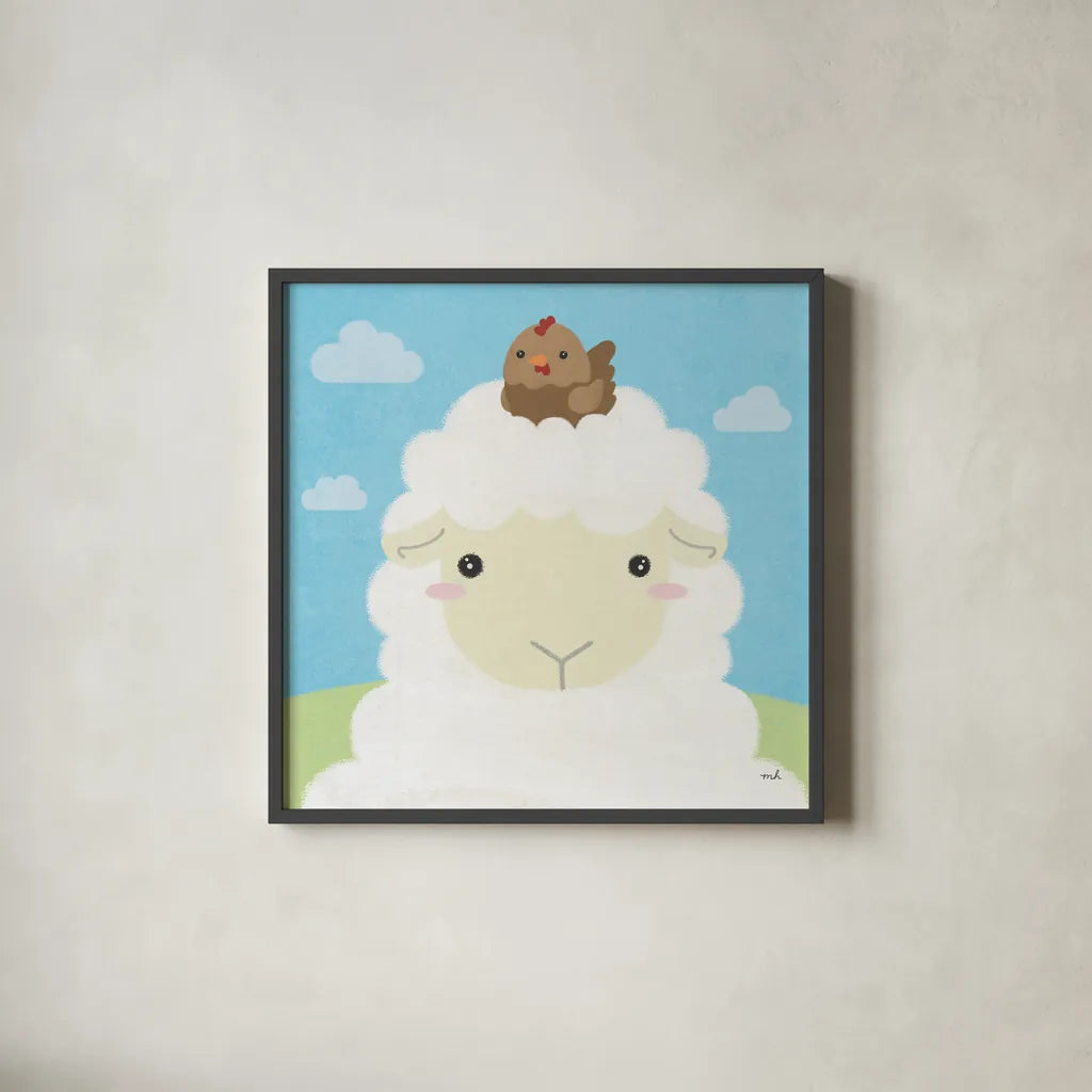 Barn Buddies III by Moira Hershey. Shown in a sleek black glass frame for a contemporary gallery look. Available as an archival giclee rolled canvas, fine art paper, or poster print. SKU 49595a.