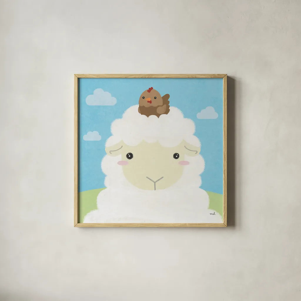 Barn Buddies III by Moira Hershey. Shown in a natural wood glass frame for a timeless modern aesthetic. Available as an archival giclee rolled canvas, fine art paper, or poster print. SKU 49595a.