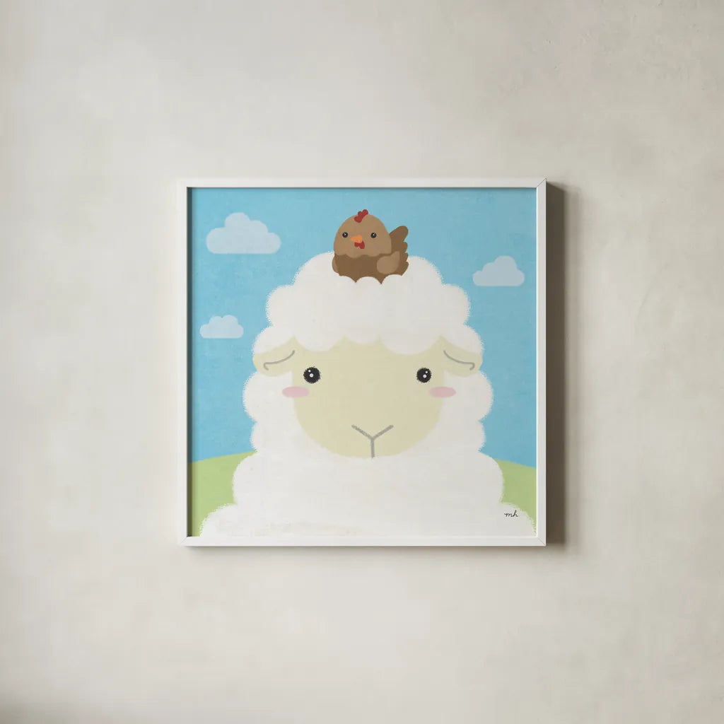 Barn Buddies III by Moira Hershey. Shown in a crisp white glass frame for a clean and minimalist style. Available as an archival giclee rolled canvas, fine art paper, or poster print. SKU 49595a.