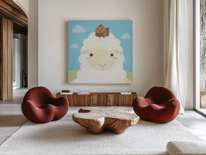 Barn Buddies III by Moira Hershey. Shown as extra-large giant wall art in a modern living room. Available as an archival giclee rolled canvas, fine art paper, or poster print. SKU 49595a.