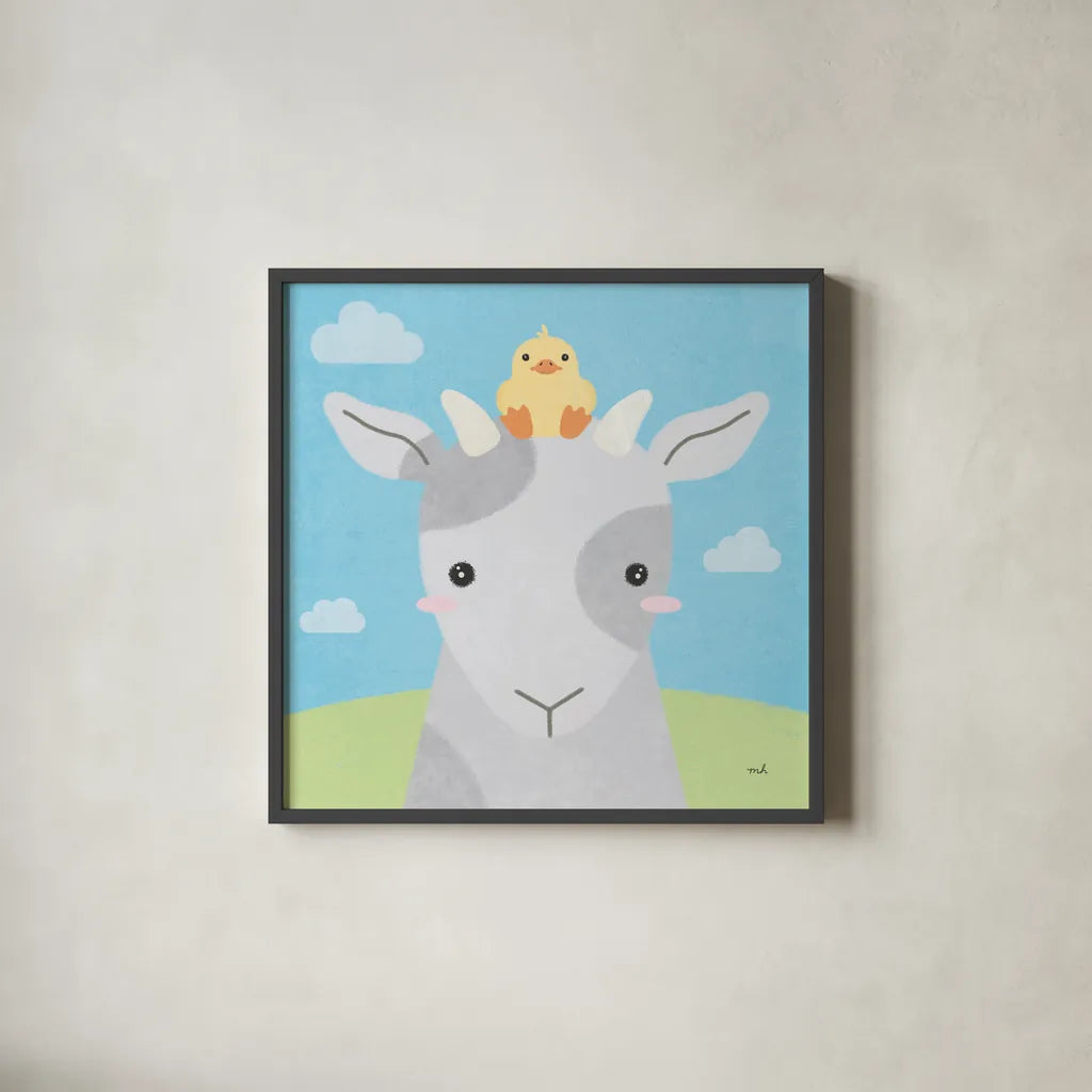 Barn Buddies IV by Moira Hershey. Shown in a sleek black glass frame for a contemporary gallery look. Available as an archival giclee rolled canvas, fine art paper, or poster print. SKU 49596a.