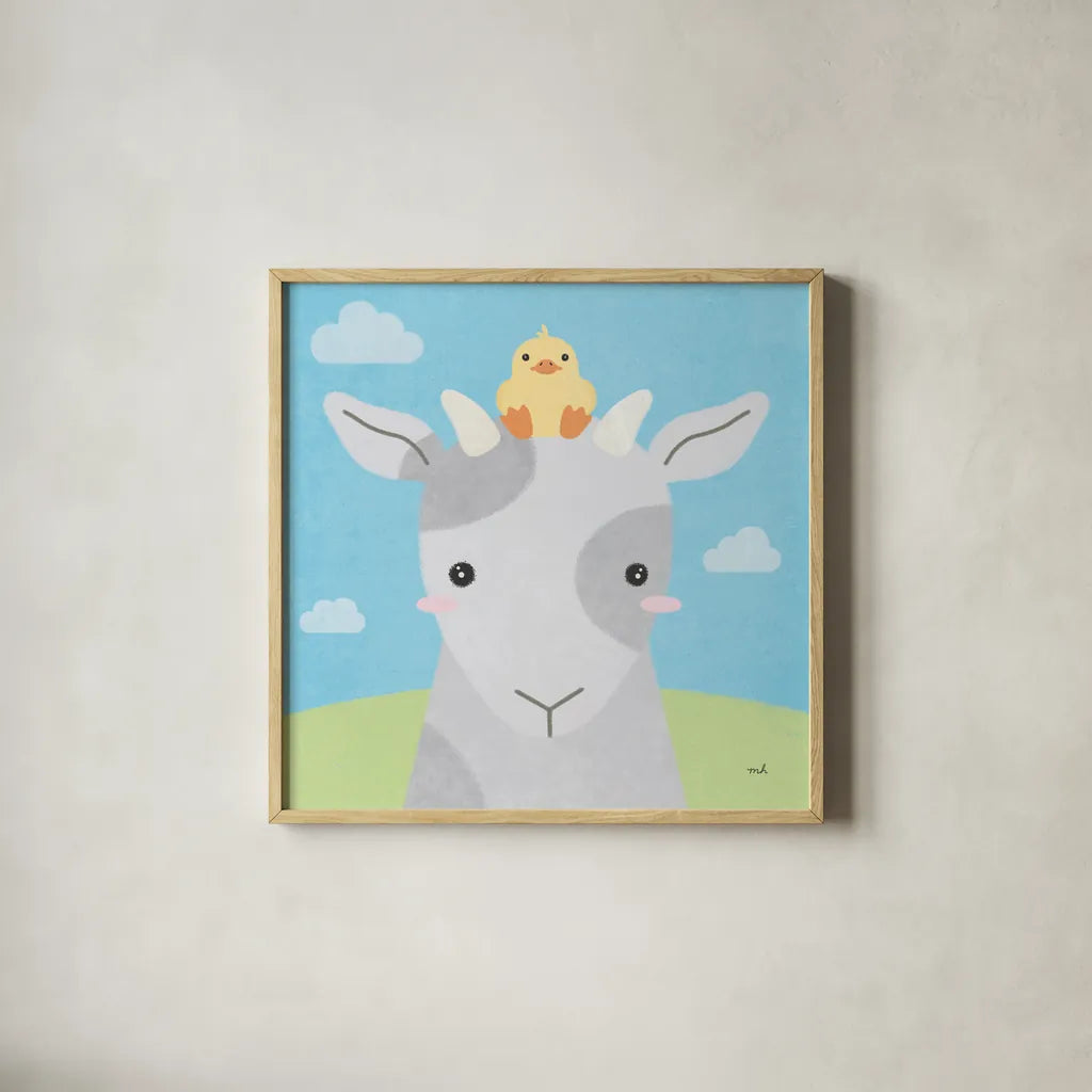 Barn Buddies IV by Moira Hershey. Shown in a natural wood glass frame for a timeless modern aesthetic. Available as an archival giclee rolled canvas, fine art paper, or poster print. SKU 49596a.