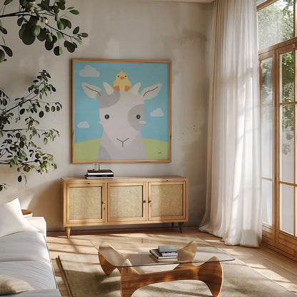 Barn Buddies IV by Moira Hershey. Shown in a natural wood frame in a cozy modern living room. Available as an archival giclee rolled canvas, fine art paper, or poster print. SKU 49596a.