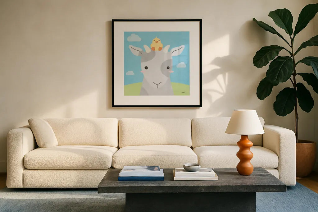 Barn Buddies IV by Moira Hershey. Displayed in a glass frame with matte in a clean modern living room. Available as an archival giclee rolled canvas, fine art paper, or poster print. SKU 49596a.