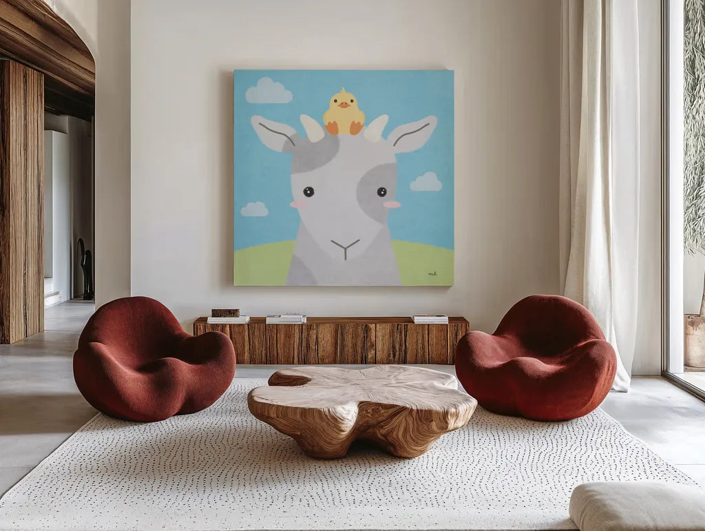Barn Buddies IV by Moira Hershey. Shown as extra-large giant wall art in a modern living room. Available as an archival giclee rolled canvas, fine art paper, or poster print. SKU 49596a.