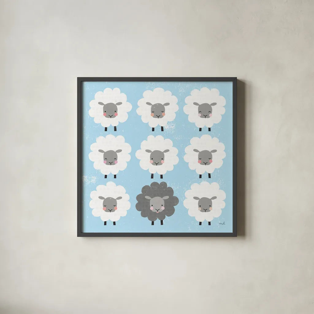 Be Ewe by Moira Hershey. Shown in a sleek black glass frame for a contemporary gallery look. Available as an archival giclee rolled canvas, fine art paper, or poster print. SKU 59590a.