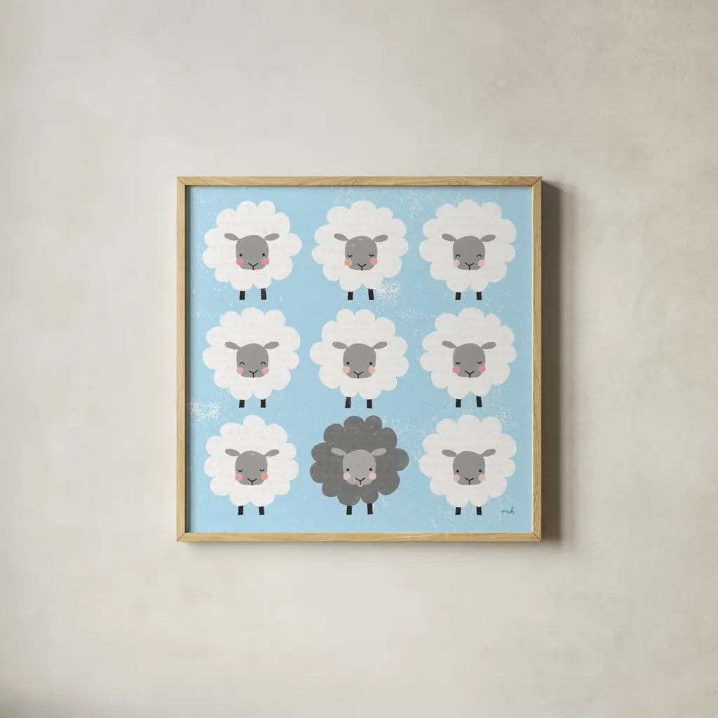 Be Ewe by Moira Hershey. Shown in a natural wood glass frame for a timeless modern aesthetic. Available as an archival giclee rolled canvas, fine art paper, or poster print. SKU 59590a.