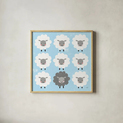 Be Ewe by Moira Hershey. Shown in a natural wood glass frame for a timeless modern aesthetic. Available as an archival giclee rolled canvas, fine art paper, or poster print. SKU 59590a.