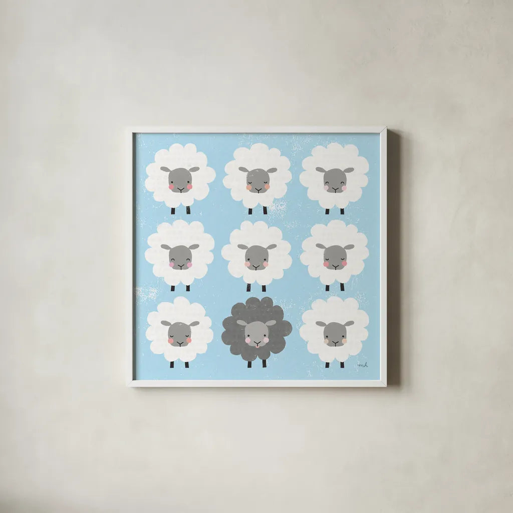 Be Ewe by Moira Hershey. Shown in a crisp white glass frame for a clean and minimalist style. Available as an archival giclee rolled canvas, fine art paper, or poster print. SKU 59590a.