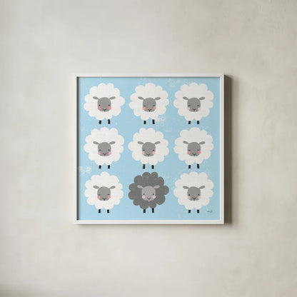 Be Ewe by Moira Hershey. Shown in a crisp white glass frame for a clean and minimalist style. Available as an archival giclee rolled canvas, fine art paper, or poster print. SKU 59590a.