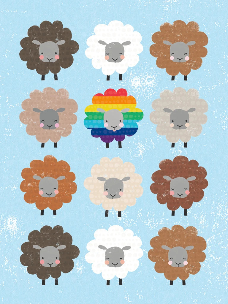Be Ewe Brown and Rainbow Sheep 5x7 by Moira Hershey