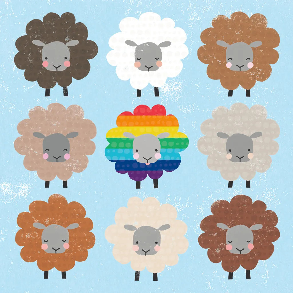 Be Ewe Brown and Rainbow Sheep Sq by Moira Hershey. SKU 66184a. Archival Giclee Fine art print for wall decor.