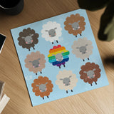 Be Ewe Brown and Rainbow Sheep Sq by Moira Hershey. Shown as a detailed flat fine art print, highlighting archival giclee quality. Available as an archival giclee rolled canvas, fine art paper, or poster print. SKU 66184a.