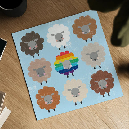 Be Ewe Brown and Rainbow Sheep Sq by Moira Hershey. Shown as a detailed flat fine art print, highlighting archival giclee quality. Available as an archival giclee rolled canvas, fine art paper, or poster print. SKU 66184a.